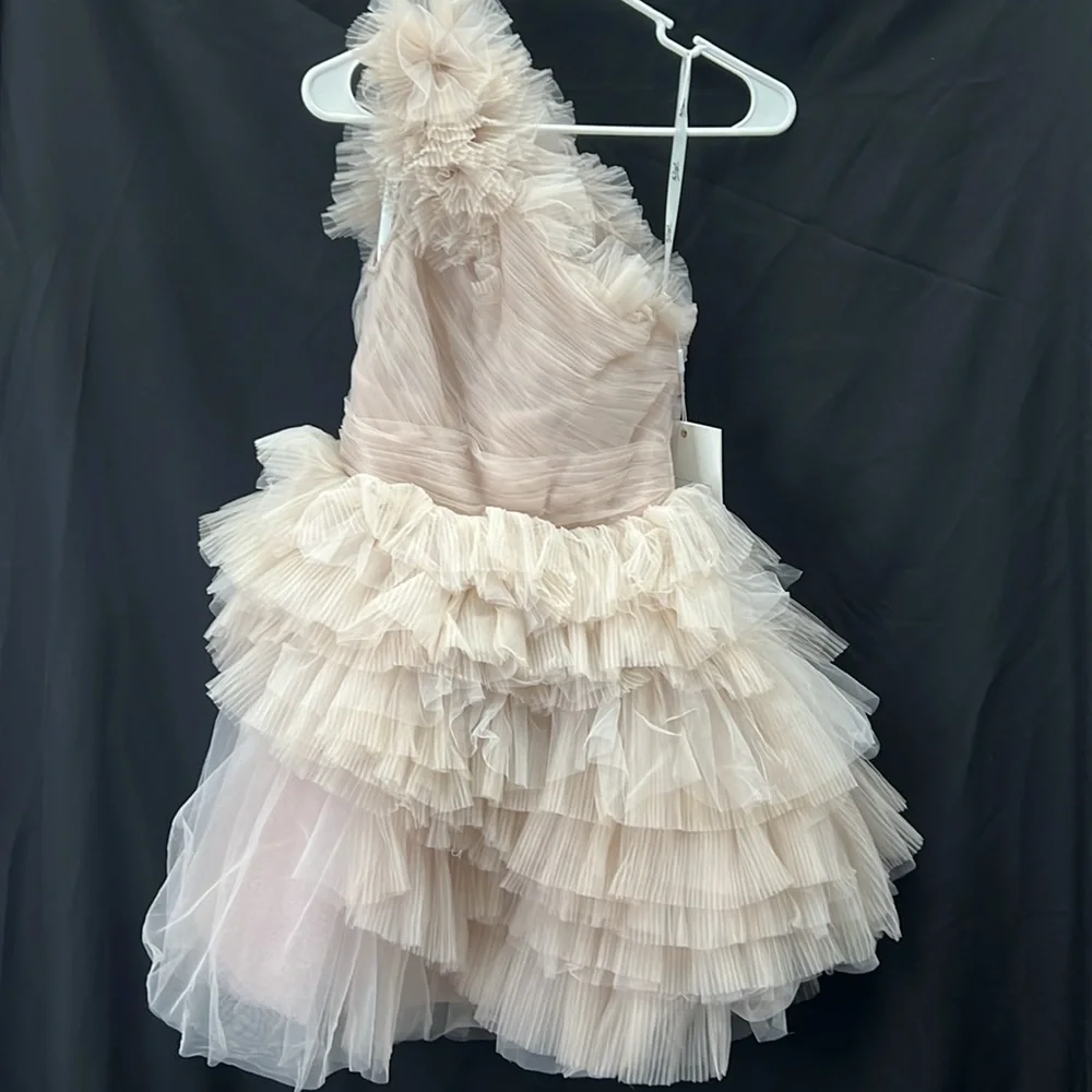 MAC DUGGAL 20600 Tulle Ruffle One Shoulder Mini Dress in Mauve